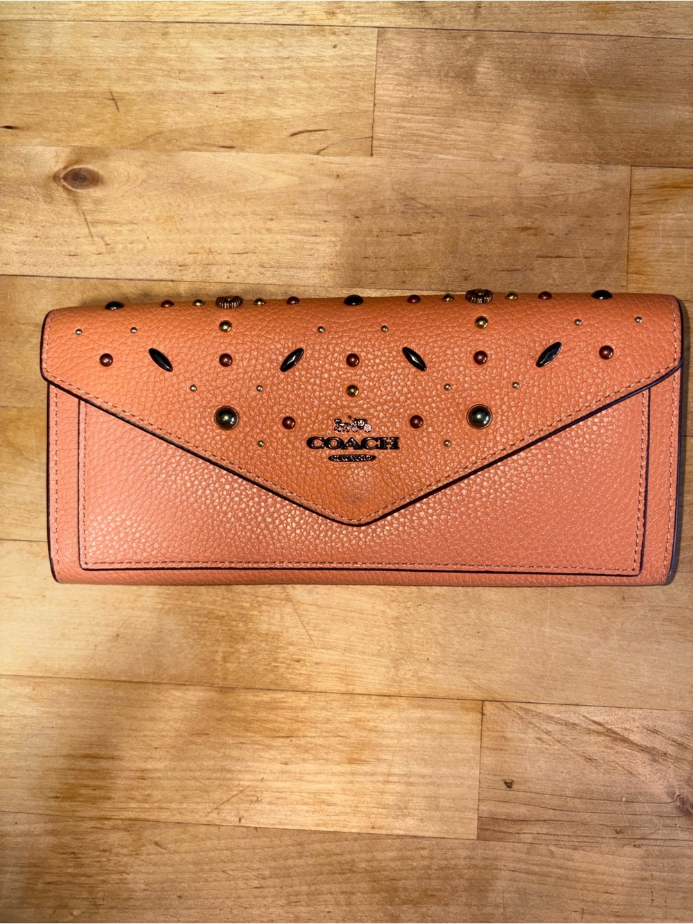Coach Coral Pebbled Leather Studded Envelope Wallet Wristlet
